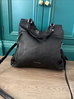 Calvin Klein Black Pebbled Vegan Leather Large Shoulder Tote